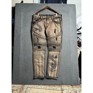 Rock Revival Boylston Biker Distressed Denim Jeans Size 38x33 Brown